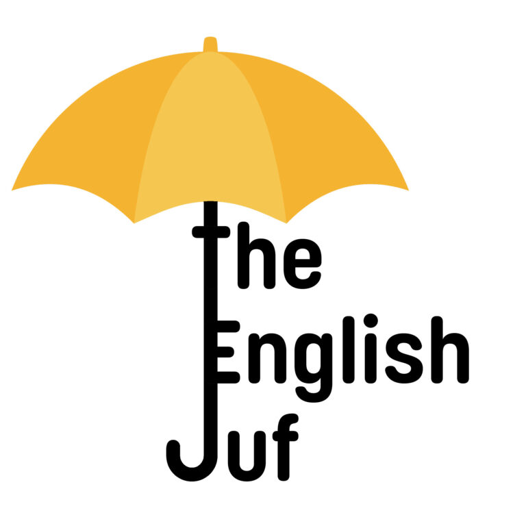 Yellow umbrella with black handle with the words The English Juf to the right